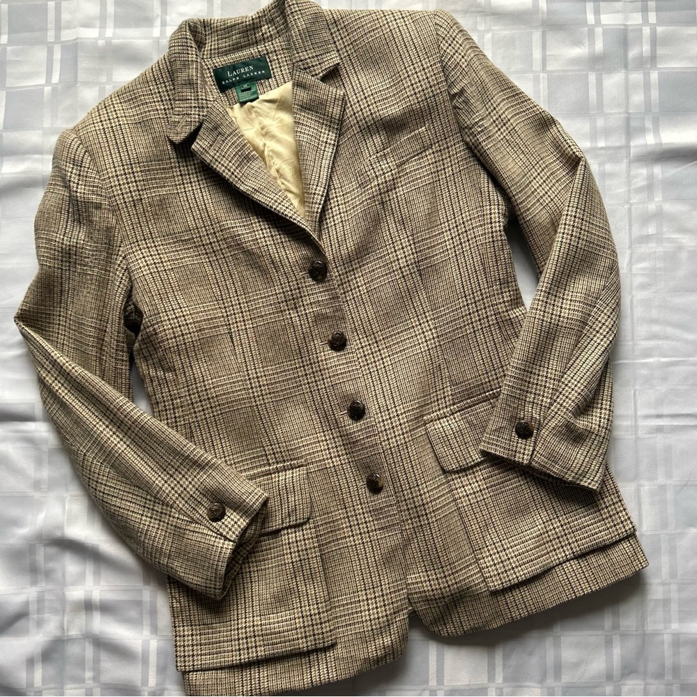 Lauren Ralph Lauren Beige Plaid Wool Blend Blazer